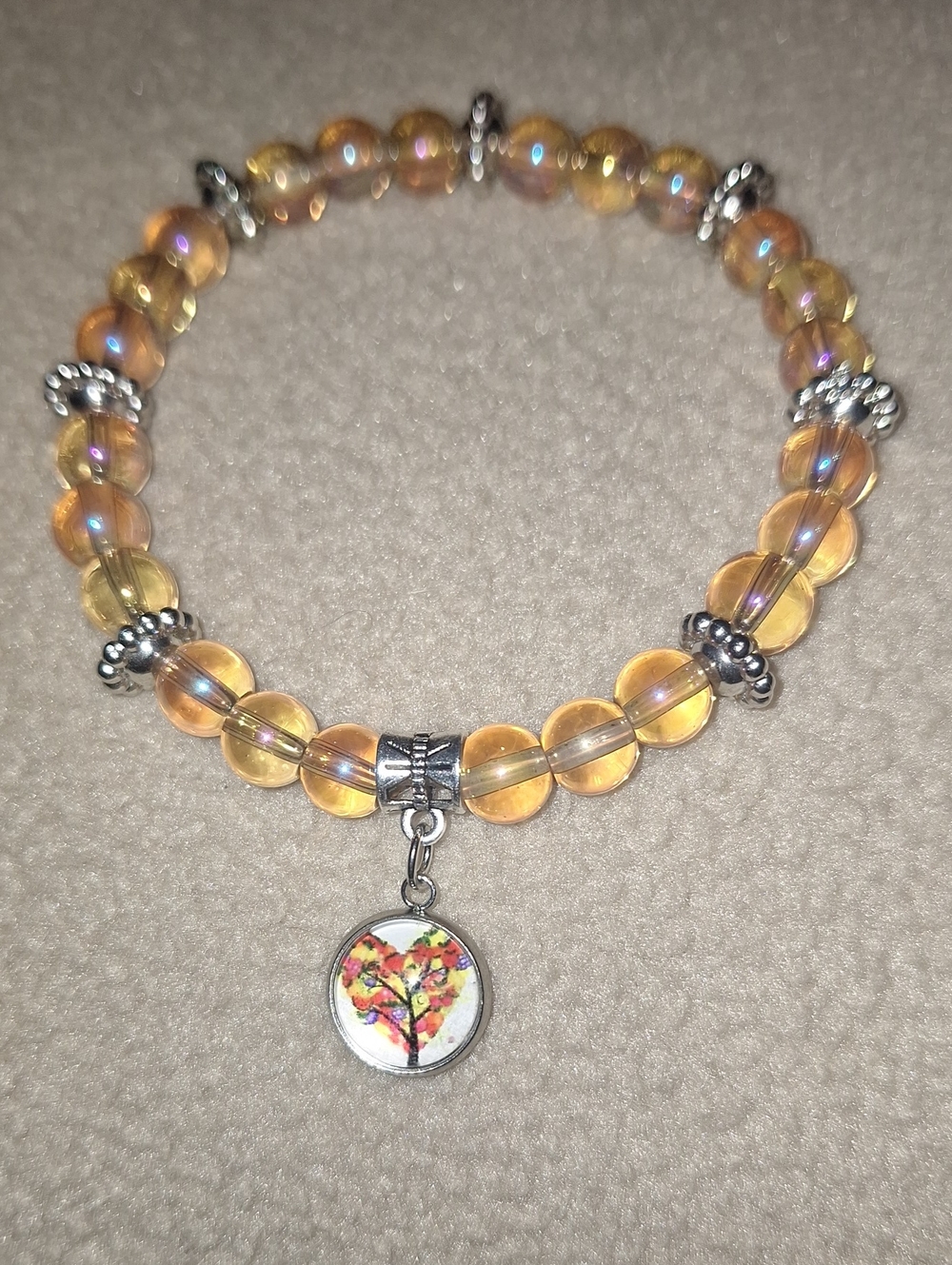 Yellow Glass Beaded Stretch Bracelet with Tree Charm